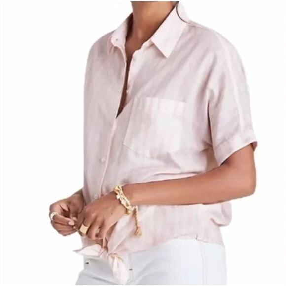 Madewell XS Pink White Striped Tie Front Button Down Short Sleeve Shirt - Picture 11 of 11